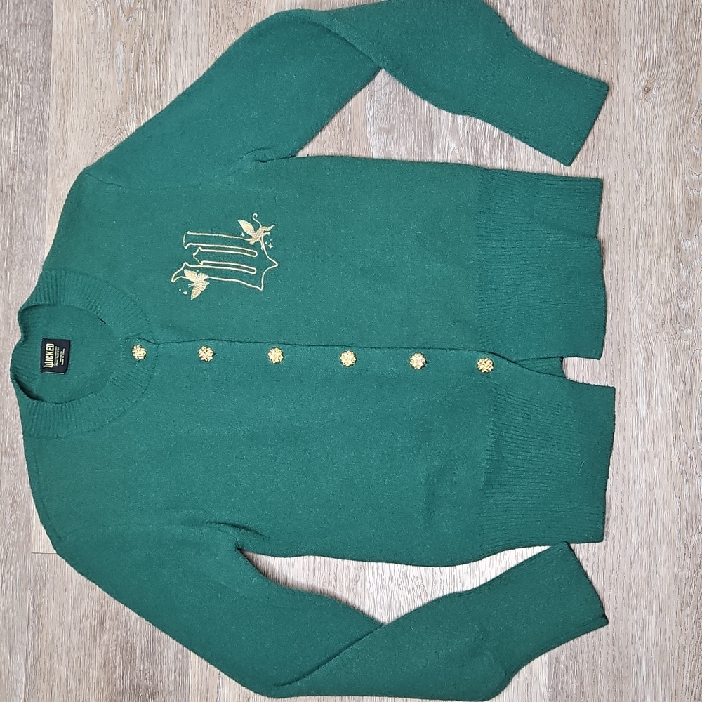 WICKED Green Cardigan gold Buttons with Embroidered W flying Monkey Size Medium - Picture 10 of 13